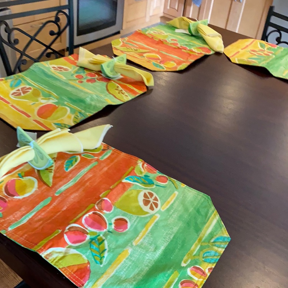 Summer garden party- vinyl placemats and cloth napkins in lime slice.New w/tags
